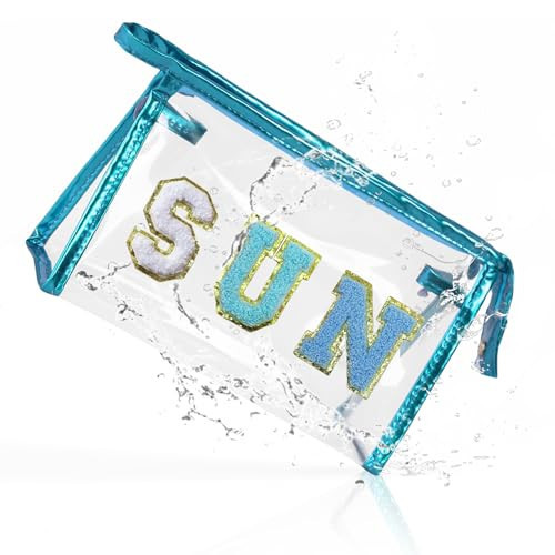 COSHAYSOO Clear Makeup Bag Sunscreen Pouch Beach Vacation Essentials Waterproof Summer Stuff Travel Toiletry Purse for Women Teen Girl Personalized Easter Gifts with Preppy Chenille Letter Blue SUN | Amazon (US)