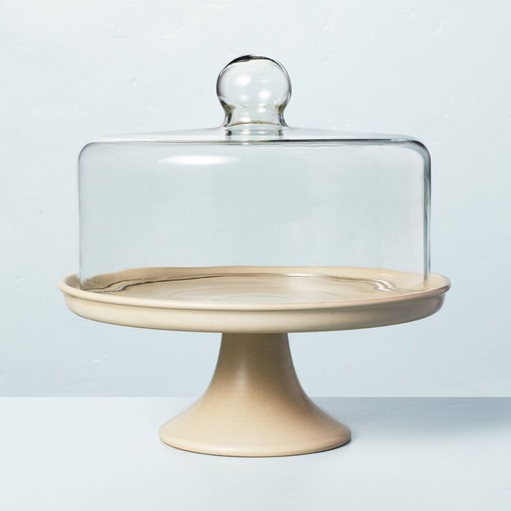 11" Stoneware Dessert Stand with Glass Cloche Taupe - Hearth & Hand™ with Magnolia | Target