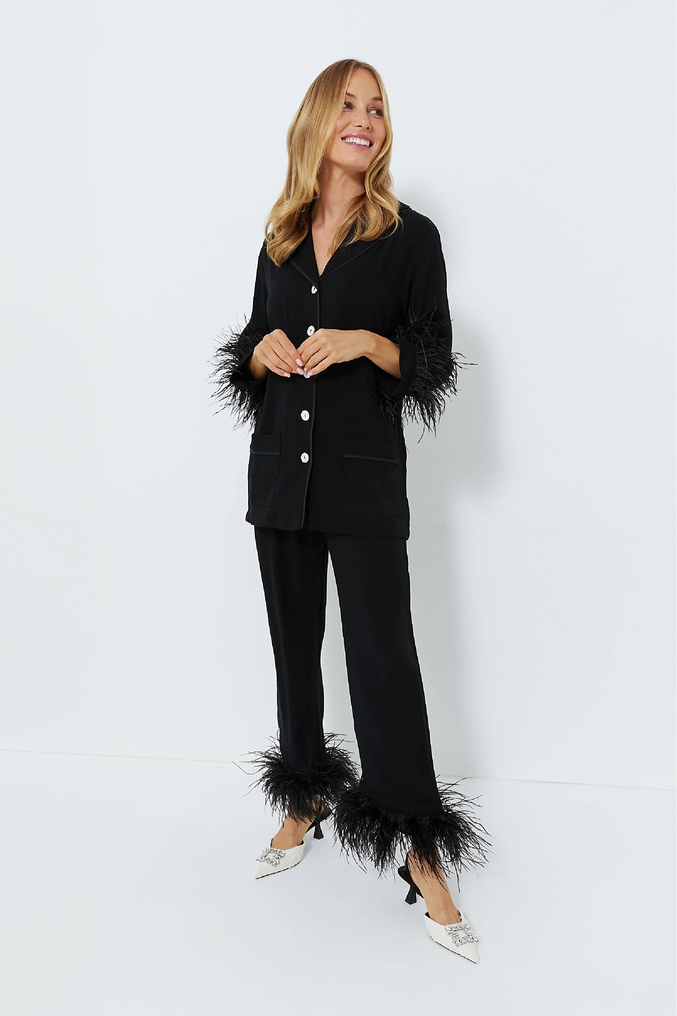 Black Party Pajama Set with Feathers | Tuckernuck (US)