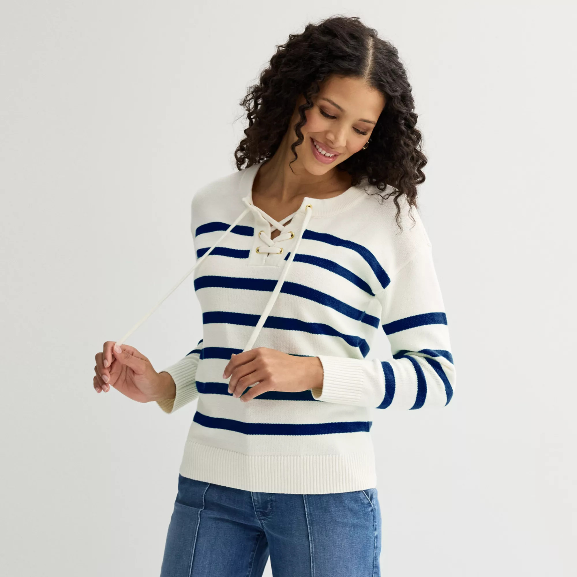 Women's Croft & Barrow® Lace-Up Drop Shoulder Pullover Sweater | Kohl's
