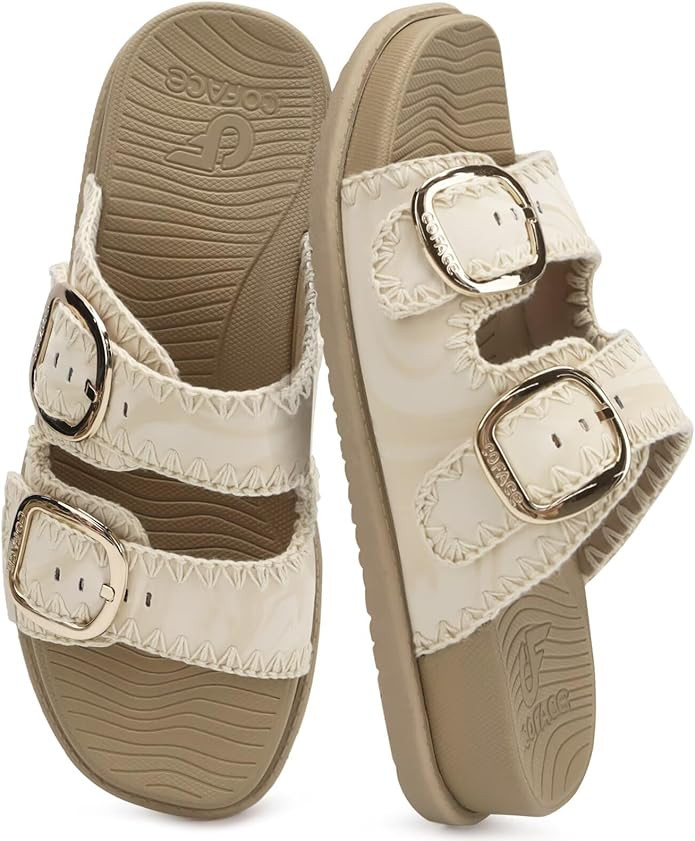 COFACE Women's Stiched Trendy Summer Sandals Cloud Soft Cushioned Beach Slides Pattened Upper Dou... | Amazon (US)