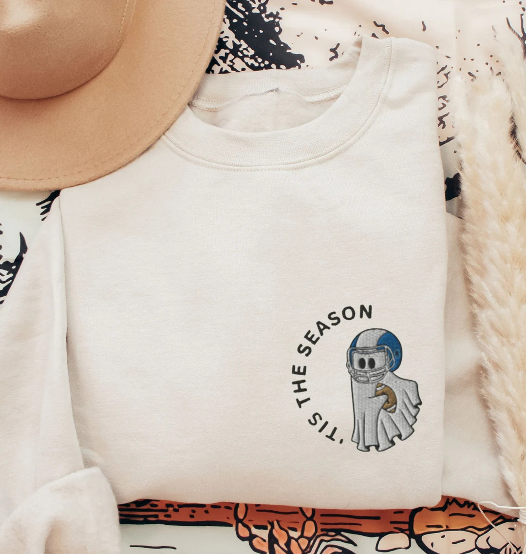 Embroidered Halloween Football Sweatshirt, Football Ghost Crewneck, Cute Ghost, Football Tis the ... | Etsy (US)