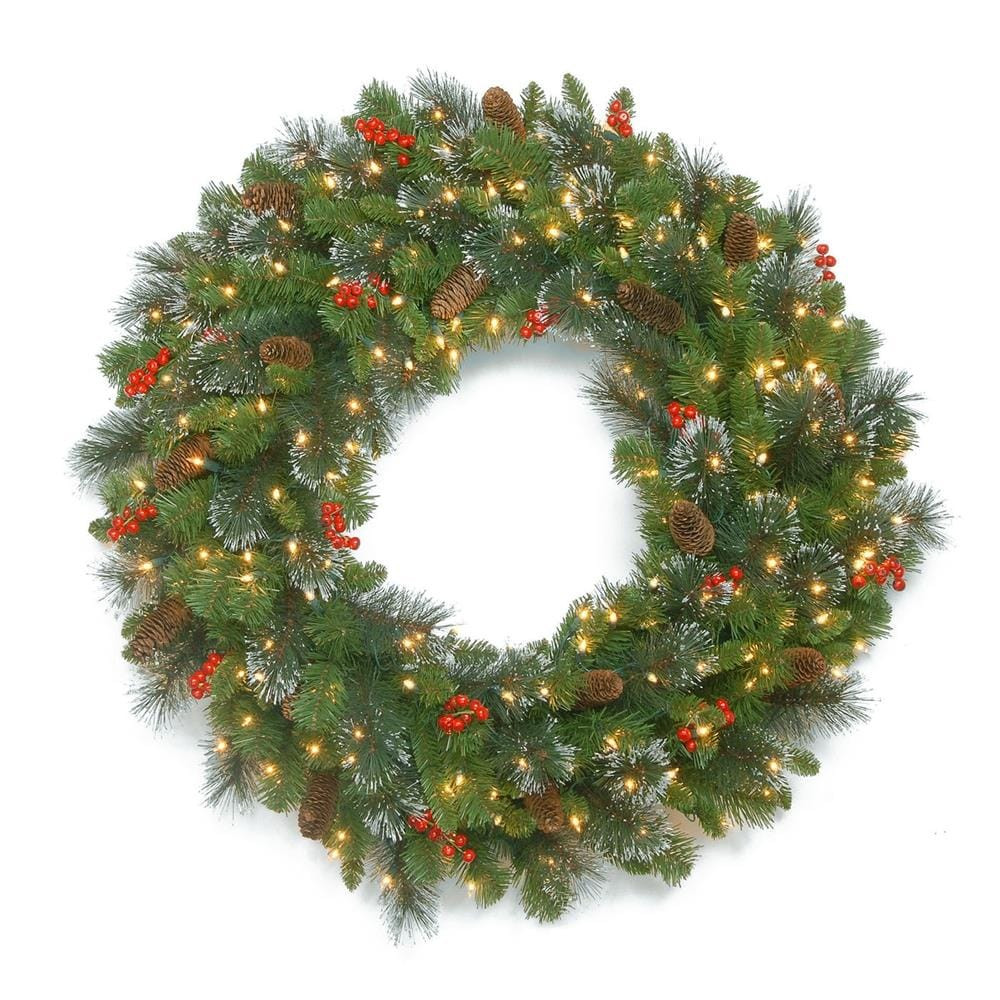 National Tree Company 30-in Pre-lit Indoor/Outdoor Battery-operated Green Pinecones Artificial Christmas Wreath one_size | CW7-306-30WBC1 | Lowe's