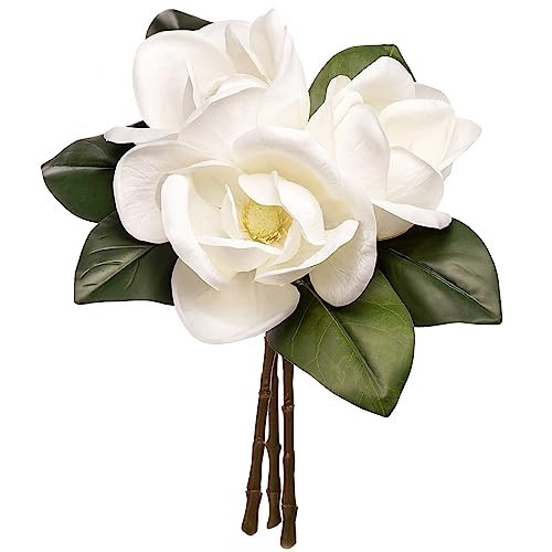 FlorisDecor 3 Stems Real Touch Creamy White Southern Magnolia Flowers, Artificial Realistic Magnolia Grandiflora for Home Décor | Amazon (US)