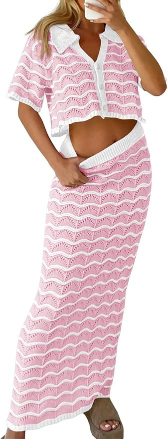 Saodimallsu Women Striped Beach Cover Up Set Button Short Sleeve Collared Crop Top Maxi Skirt Cro... | Amazon (US)