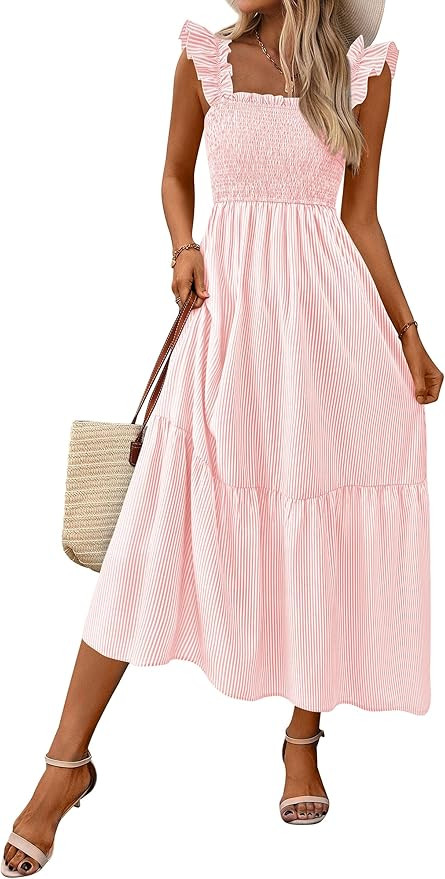 PRETTYGARDEN Womens Summer Dress Casual Square Neck Ruffle Strap Gingham Smocked Midi Flowy A Lin... | Amazon (US)