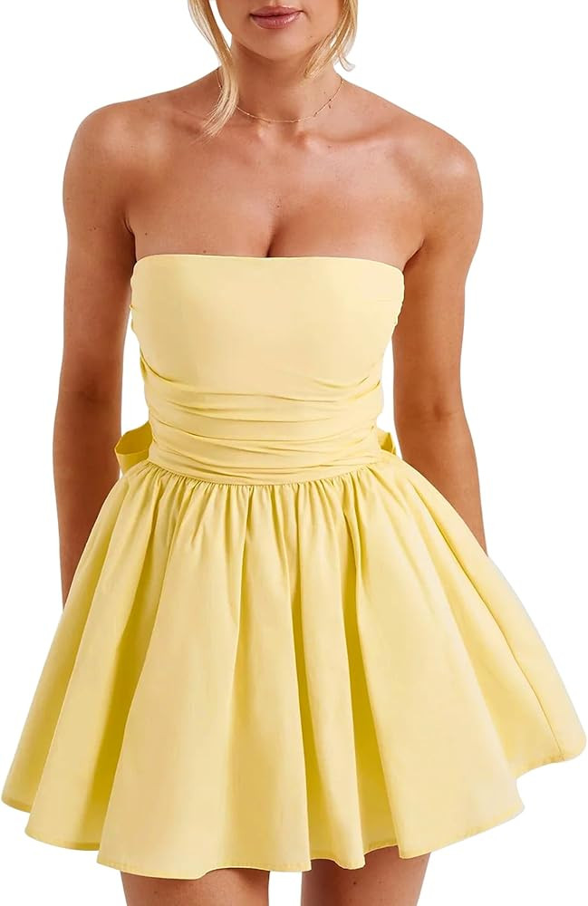 LuFeng Women's Strapless Mini Dress Ruched Sleeveless Off Shoulder A-Line Pleated Short Dress wit... | Amazon (US)