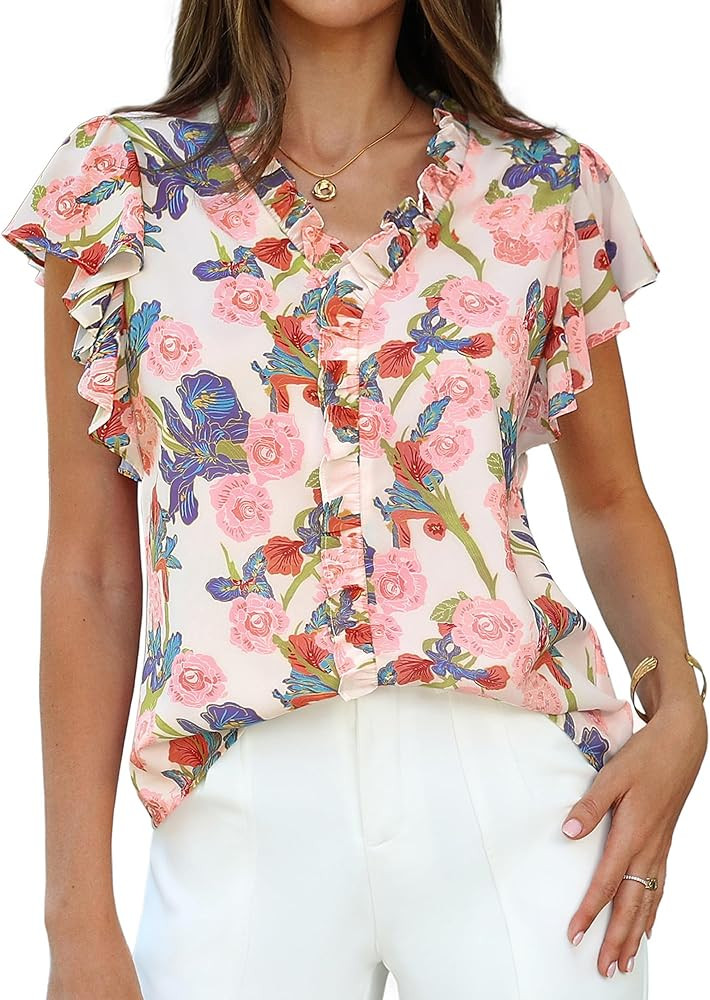 GRACE KARIN 2026 Boho Tops for Women Dressy Casual,Ruffle Sleeve Chiffon Blouses Floral Shirts,V ... | Amazon (US)