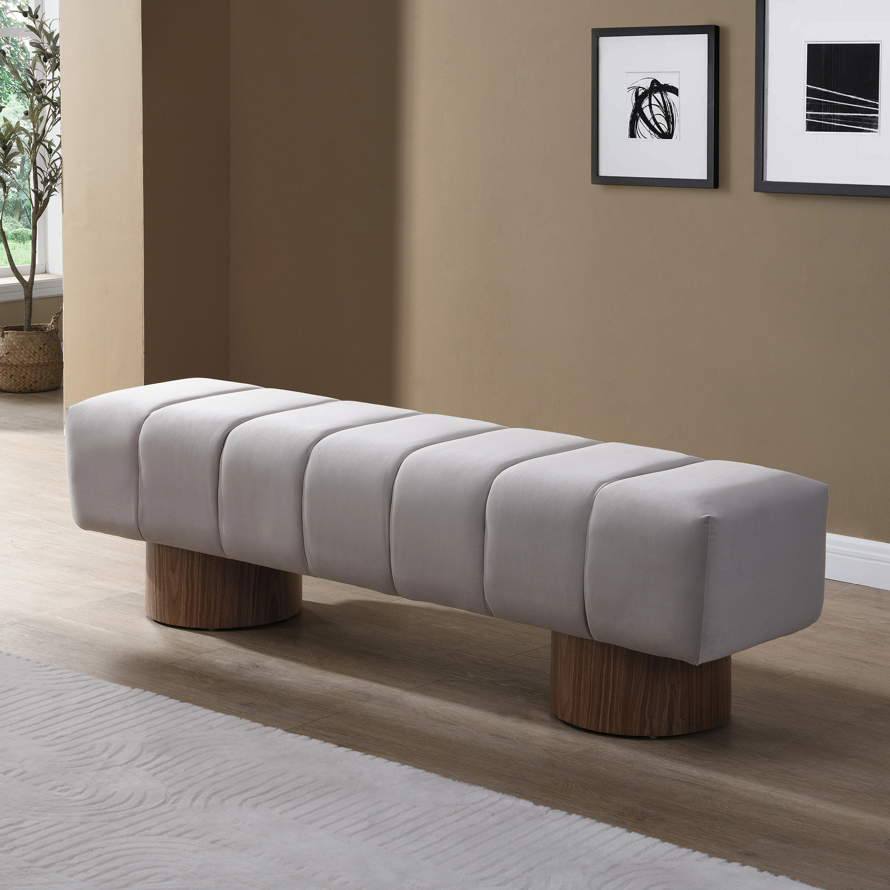 Christopher Knight Home Mid Century Modern Upholstered Dining Bench with Wood Frame-Light Grey Fabric one_size in Gray | 326288 | Lowe's