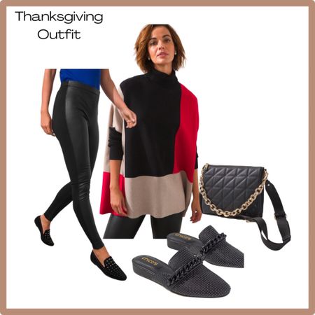 Perfect Thanksgiving day outfit option! Colorblock poncho. Faux leather leggings. Studded slides and gold chain bag! 

#LTKHoliday #LTKsalealert #LTKSeasonal