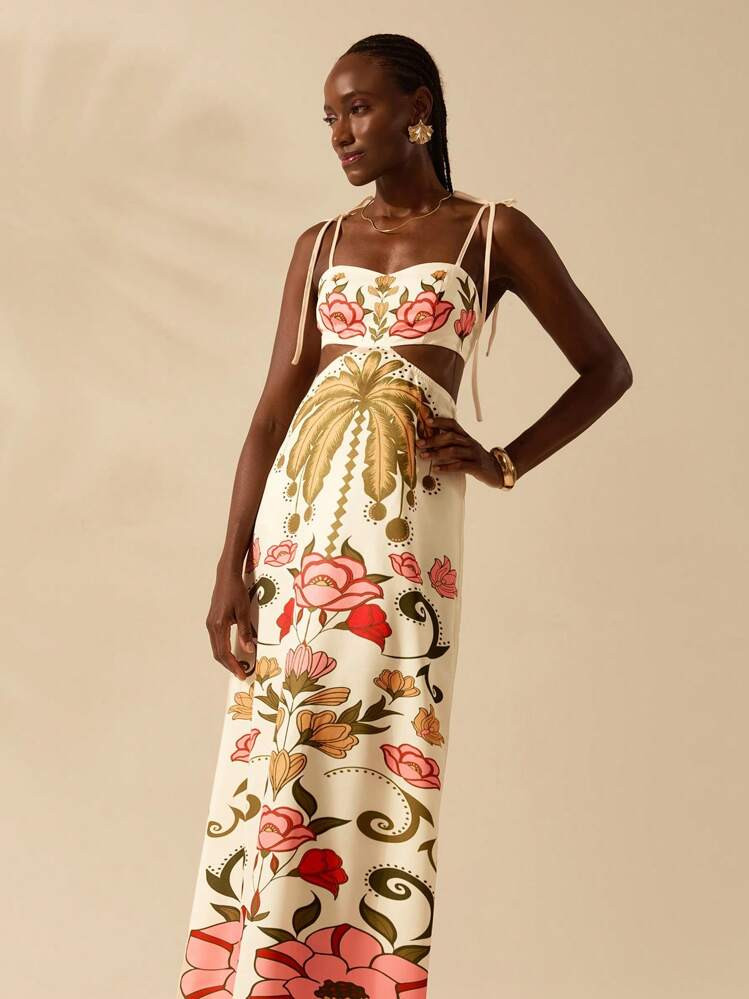 CAJUNI Vestido Largo Holgado Sin Mangas Con Estampado Tropical Colorido De Árboles De Coco Y Flores, Con Nudo Delantero, Vestido Casual De Verano Para Vacaciones | SHEIN
