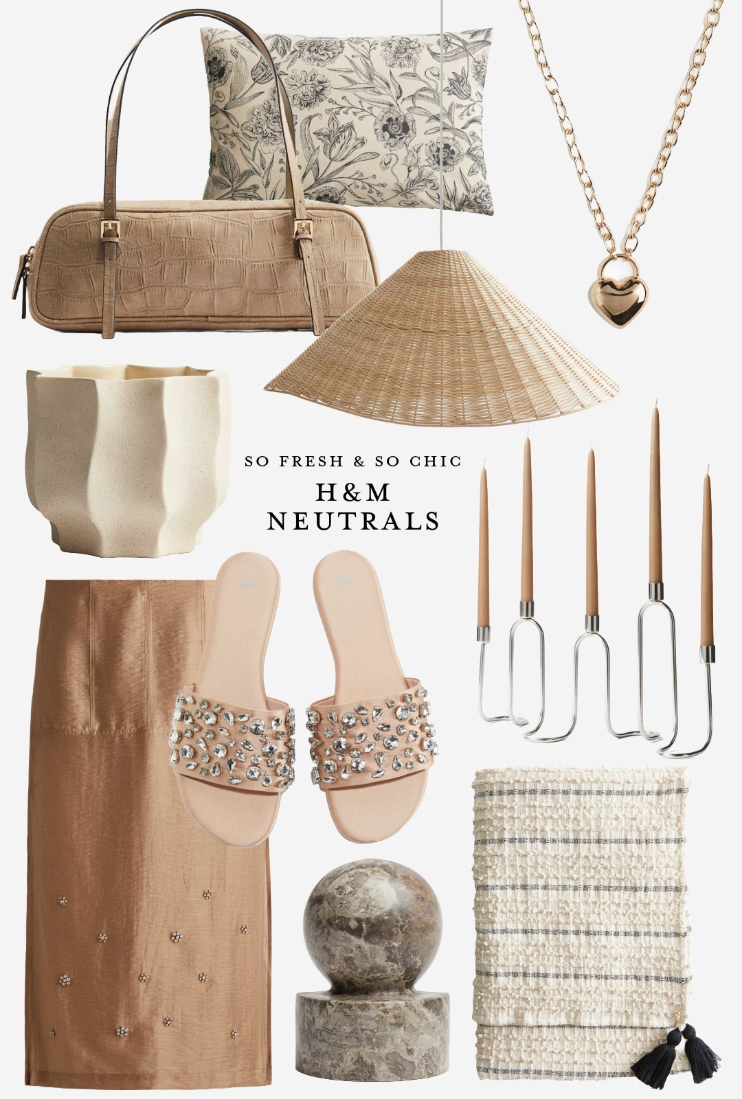 Neutrals finds at H&M! 
-
Neutral home decor - neutral woven pendant light - neutral textured vase - neutral throw blanket with tassels - marble
Book end - silver taper candle
Holder - gold heart pendant necklace - textured faux suede east west shoulder bag - floral beige throw Pillow - sheer embellished midi skirt beige - rhinestone flat sandals - neutral fashion - brunch fashion - beige home decor - affordable lighting - affordable decor - minimalist home decor 

#LTKStyleTip #LTKFindsUnder100 #LTKHome