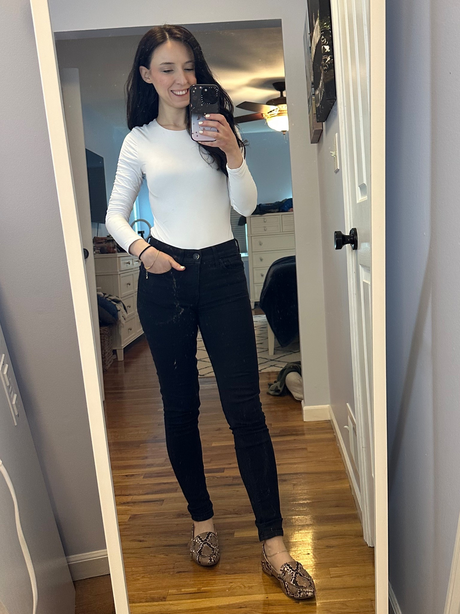 White bodysuit size XS
Black jeans size 00
Snakeskin loafers size 6.5

Finds under 50, work outfit, casual, spring, minimalist, millennial, black and white, workwear 

#LTKWorkwear #LTKStyleTip #LTKSeasonal