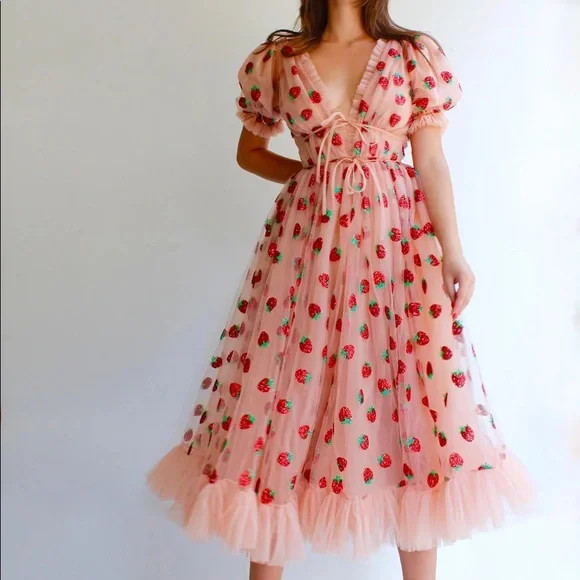 Authentic Lirika Matoshia- pink strawberry dress, size small, tiktok | Poshmark