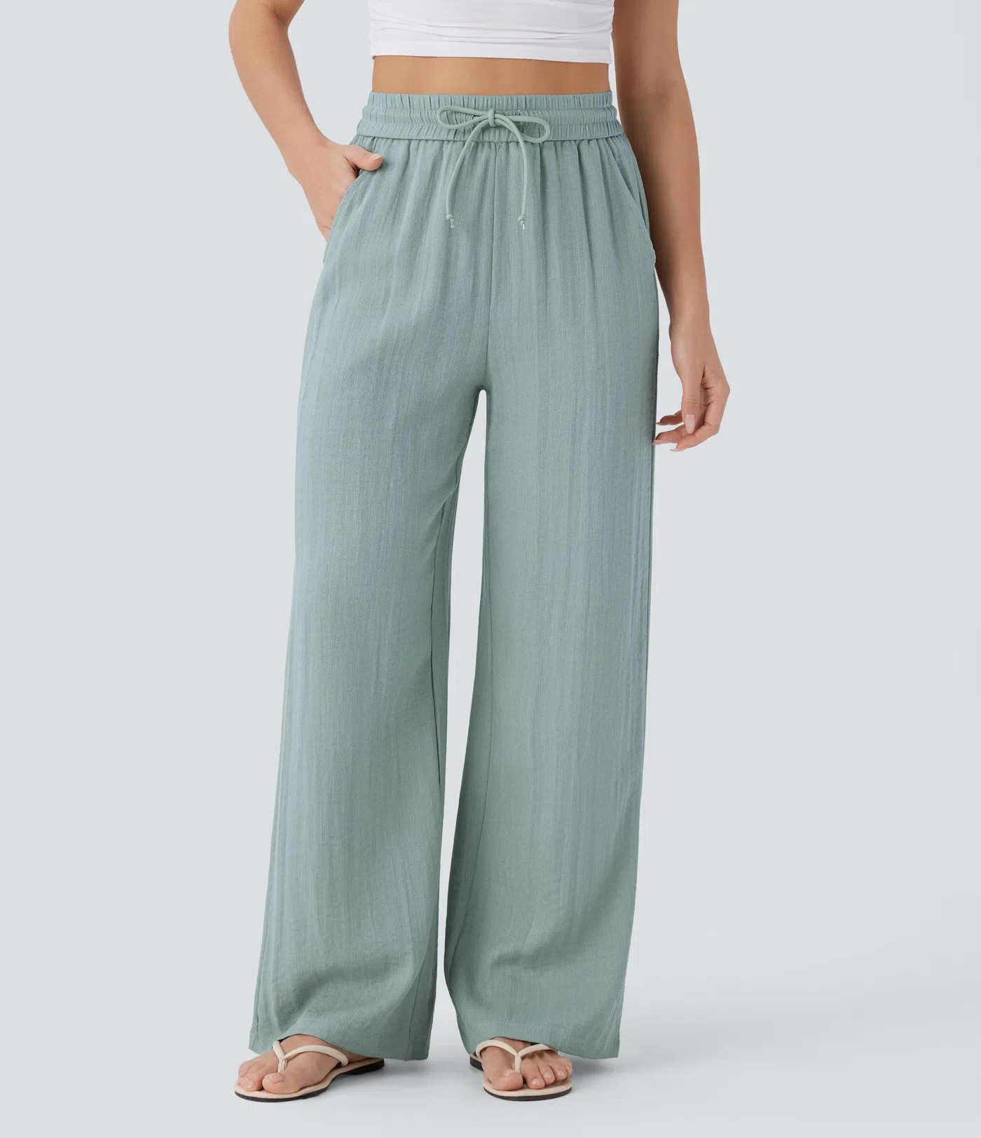 Women’s High Waisted Drawstring Pocket Wide Leg Baggy Casual Linen-Feel Pants - Halara | HALARA