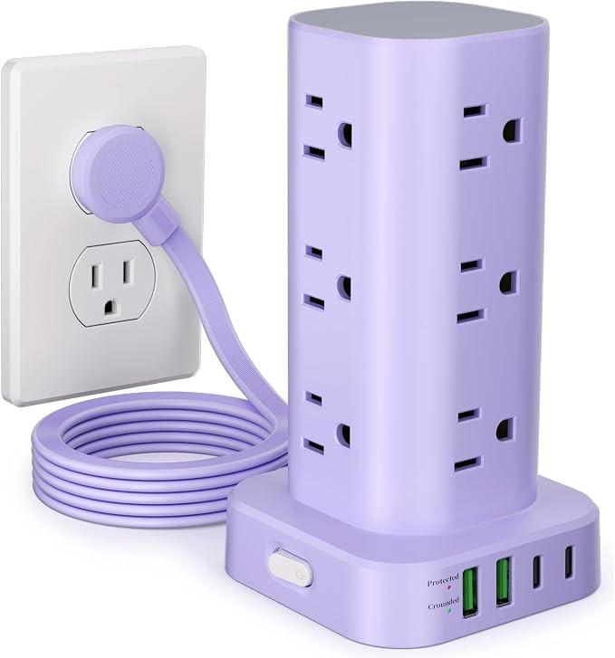 Power Strip Tower with Multiple Outlets, Flat Plug Surge Protector Tower Extension Cord with 12 A... | Amazon (US)