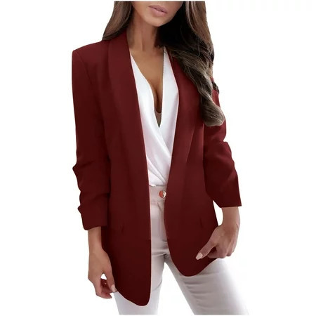 IROINNID Blazer Jacket for Women Casual Lightweight Blazer Open Front Long Sleeve Jacket Suits Work Office Button Blazer Jackets Burgundy | Walmart (US)
