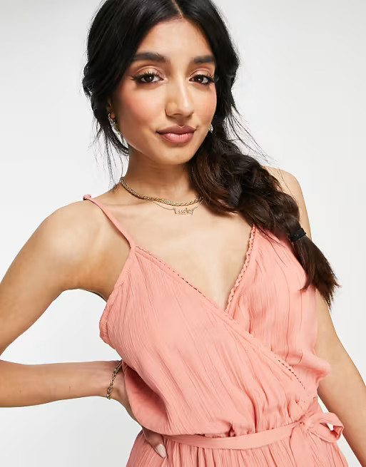 ASOS DESIGN wrap front cami culotte trim jumpsuit in rust | ASOS (Global)