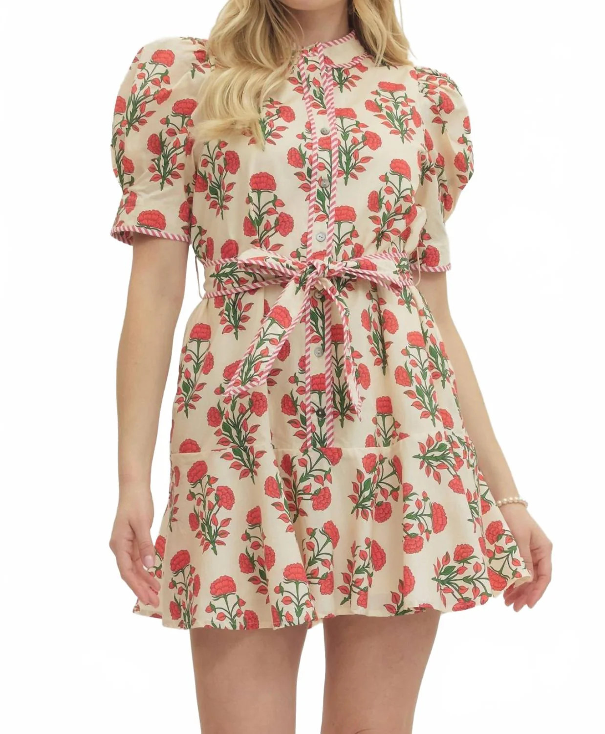 Block Print Mini Dress In Red Multi | Shop Simon