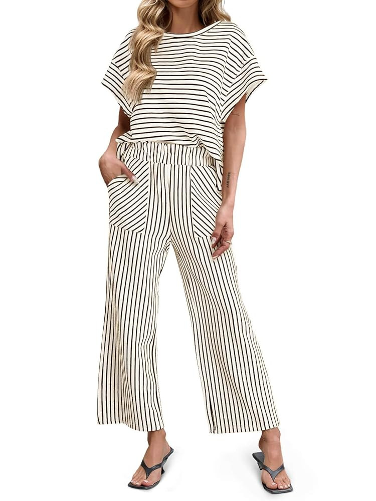 Tankaneo Womens Striped 2 Piece Sets Short Sleeve T Shirts Wide Leg Pants Matching Lounge Set wit... | Amazon (US)