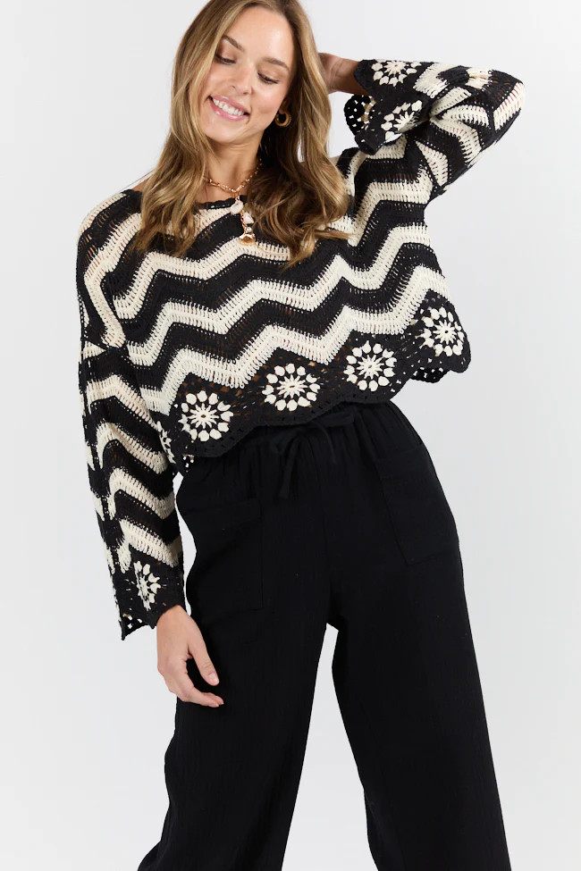 Saltwater Nights Black and Ivory Crochet Sweater | Pink Lily