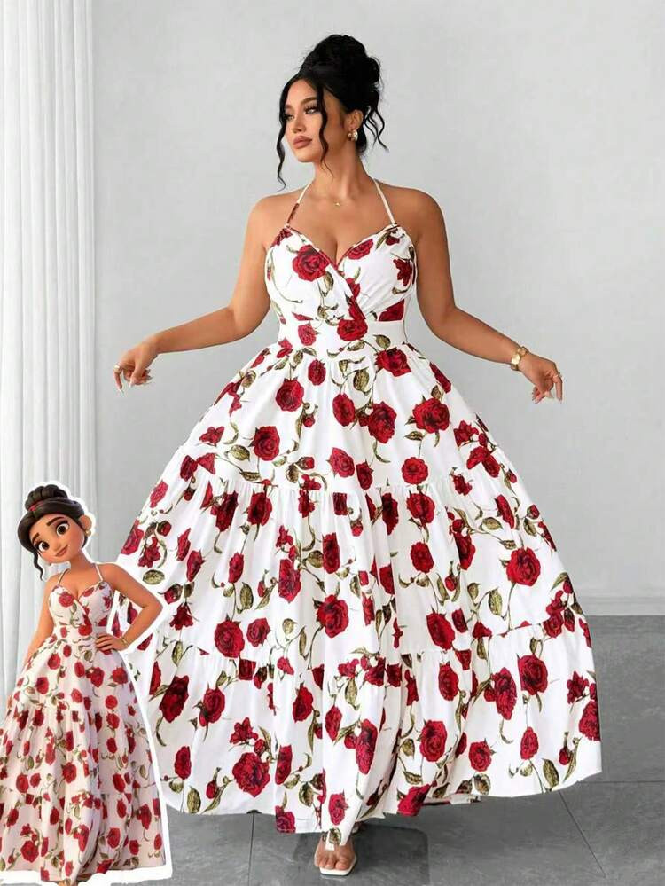 Elenzga Plus Size Shirred Crisscross Strap Floral Print Waist Cinched Tiered A-Line Maxi Dress, Elegant Backless Sleeveless Sexy Rose Pattern Long Dress For Summer Vacation Formal Dress Floral Gown Rose Dress Floral Dress Women Floral Maxi Dress Rose Print Dress Women Formal Dresses Women Summer Dresses Women Birthday Dress | SHEIN