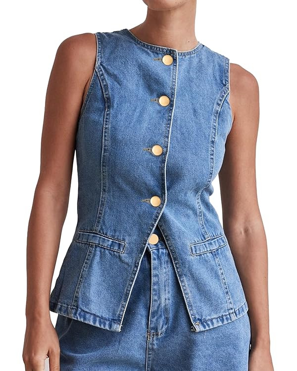 Kedera Women's Button Down Denim Vest Sleeveless Tank Tops Crew Neck Slim Fit Jean Jacket Waistco... | Amazon (US)