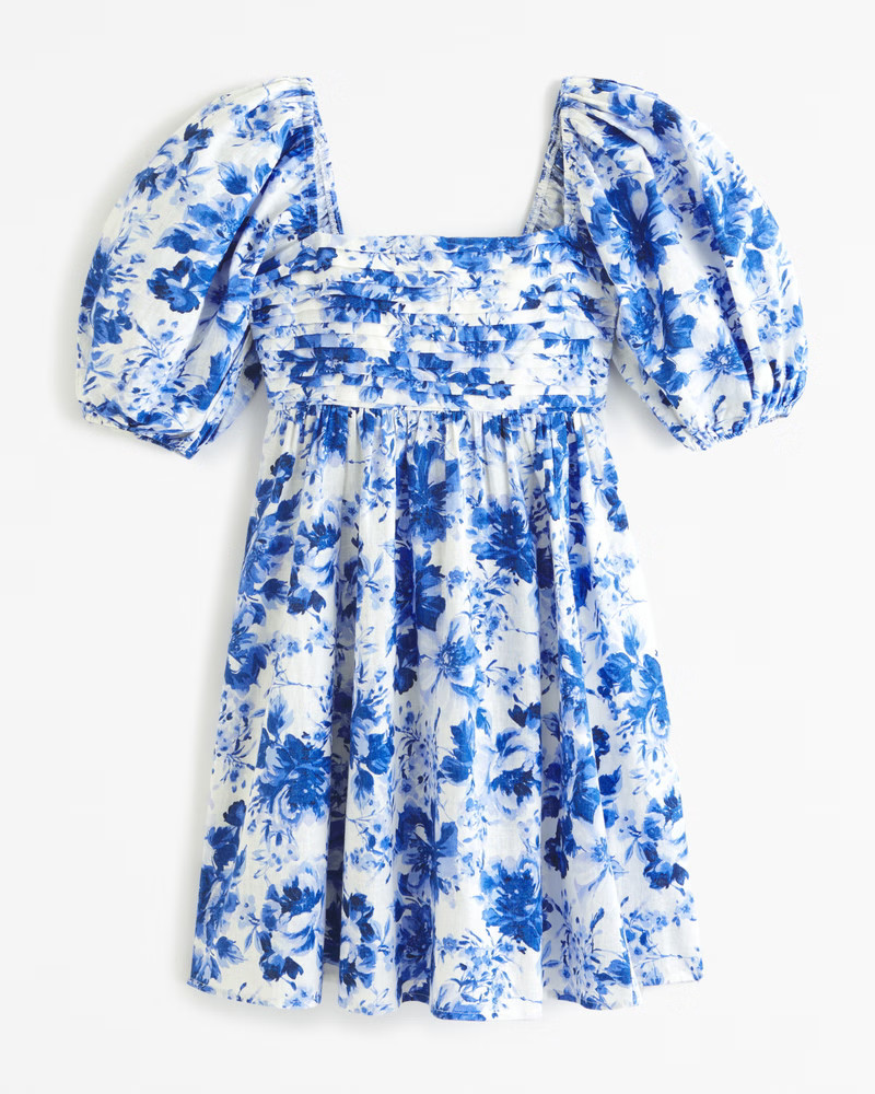 Abercrombie & Fitch Women's The A&F Emerson Linen-Blend Puff Sleeve Mini Dress in Blue Floral - Size XXS TALL | Abercrombie & Fitch (US)