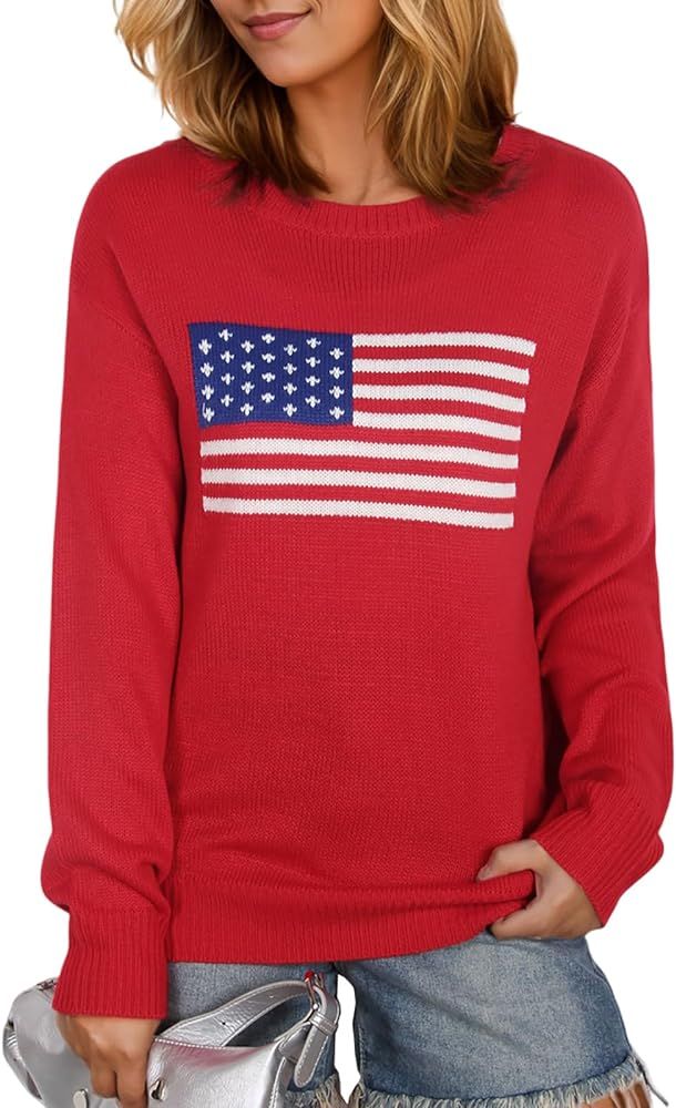 Women's American Flag Sweater Long Sleeve Crew Neck Casual Patriotic Knitted Pullover Sweaters | Amazon (US)