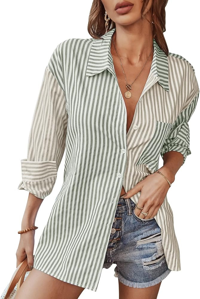 KAYWIDE Women's Vertical Stripes Button Down Shirts Casual Long Sleeves Lapel Collar Colorblock Pock | Amazon (US)