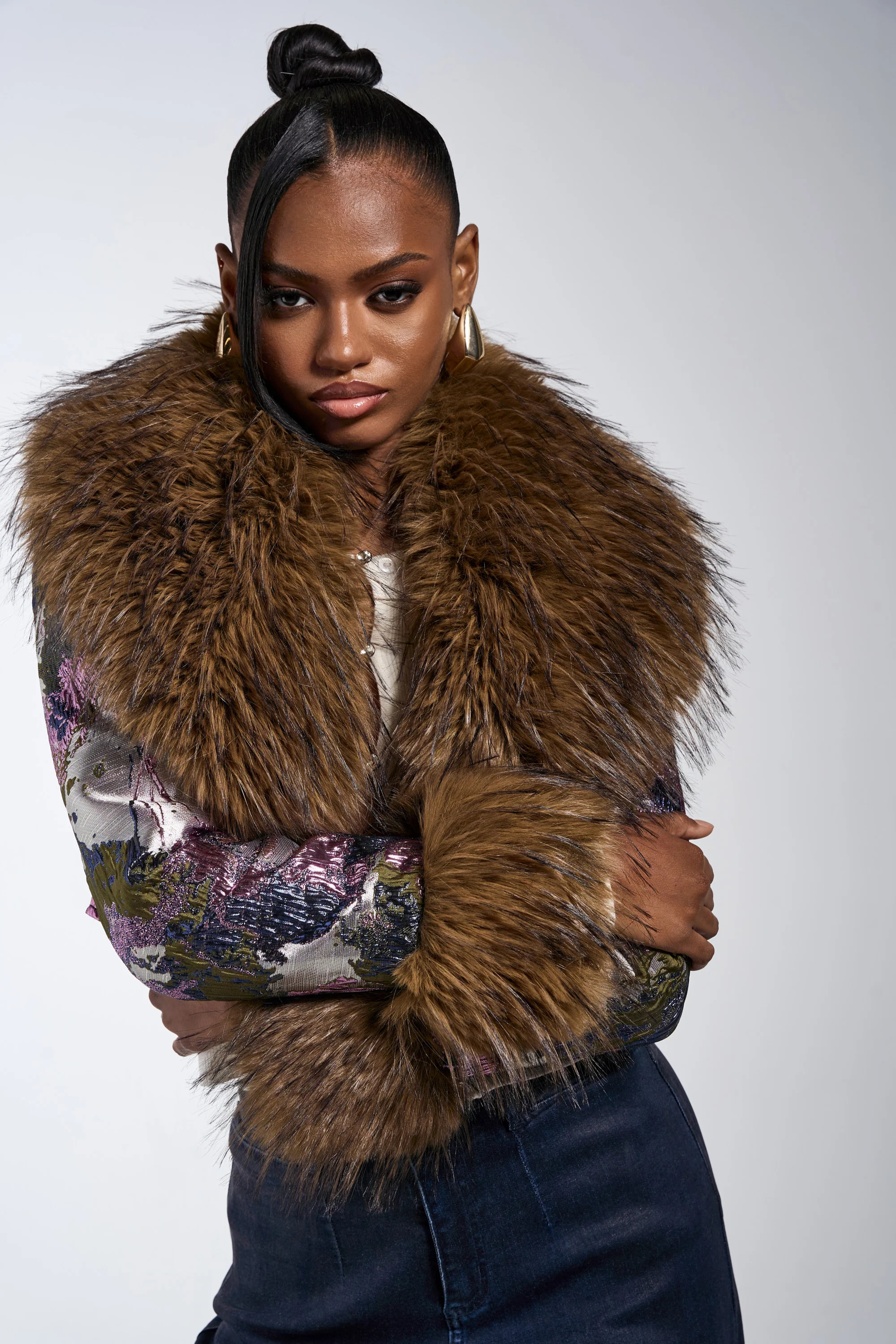 GISELE FUR TRIM MOTO IN BROCADE | AKIRA