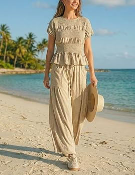 Antnation Womens 2 Piece Smocked Top Wide-Leg Pants Set High-Waisted Lounge Outfit with Pockets C... | Amazon (US)