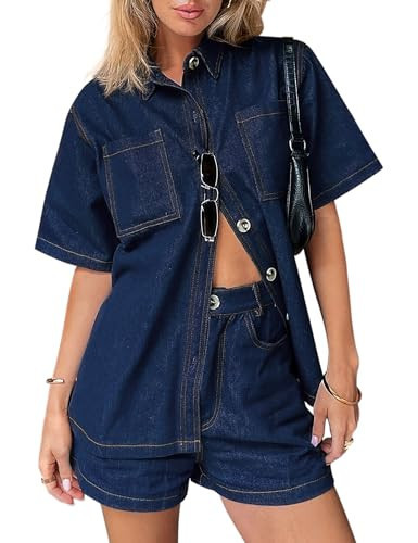 Womens Denim Set Casual Short Sleeve Denim Top and jeans Shorts Lounge Sets Summer Two Piece Sets For Women Outfits Outfits Dark Blue US S | Amazon (US)