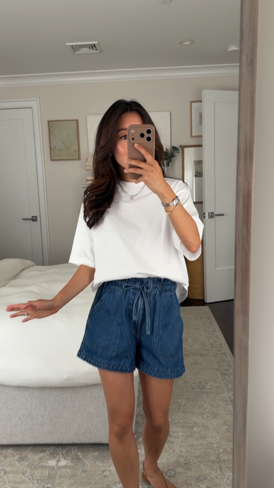 All on sale! • boxy tee XXS, oversized 
• Airy denim shorts XXS, tad loose on my waist 
• Loeffler Randall sandals 5.5 

Easy summer outfit, mom style, petite friendly shorts

#LTKPetite #LTKSeasonal #LTKootd
