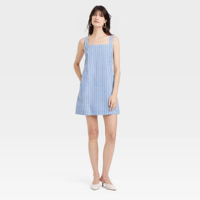 Women's Tank Mini Shift Dress - A New Day™ Blue/White Striped S: Cotton Linen Blend, Squareneck... | Target