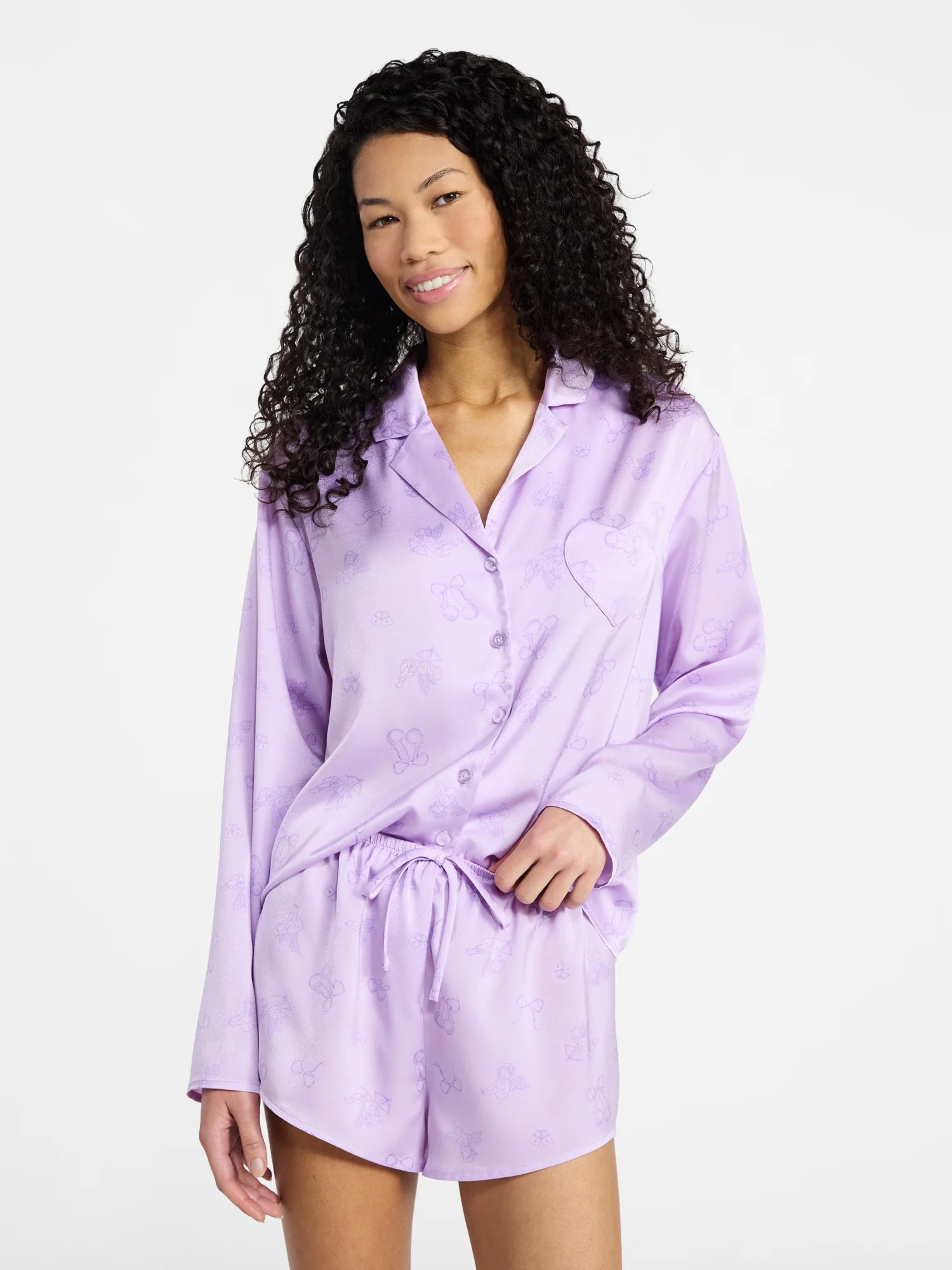 No Boundaries Sleepwear Satin Long Sleeve Button-Up Top and Shorts Set, 2-Piece, Women’s XS-XXL | Walmart (US)