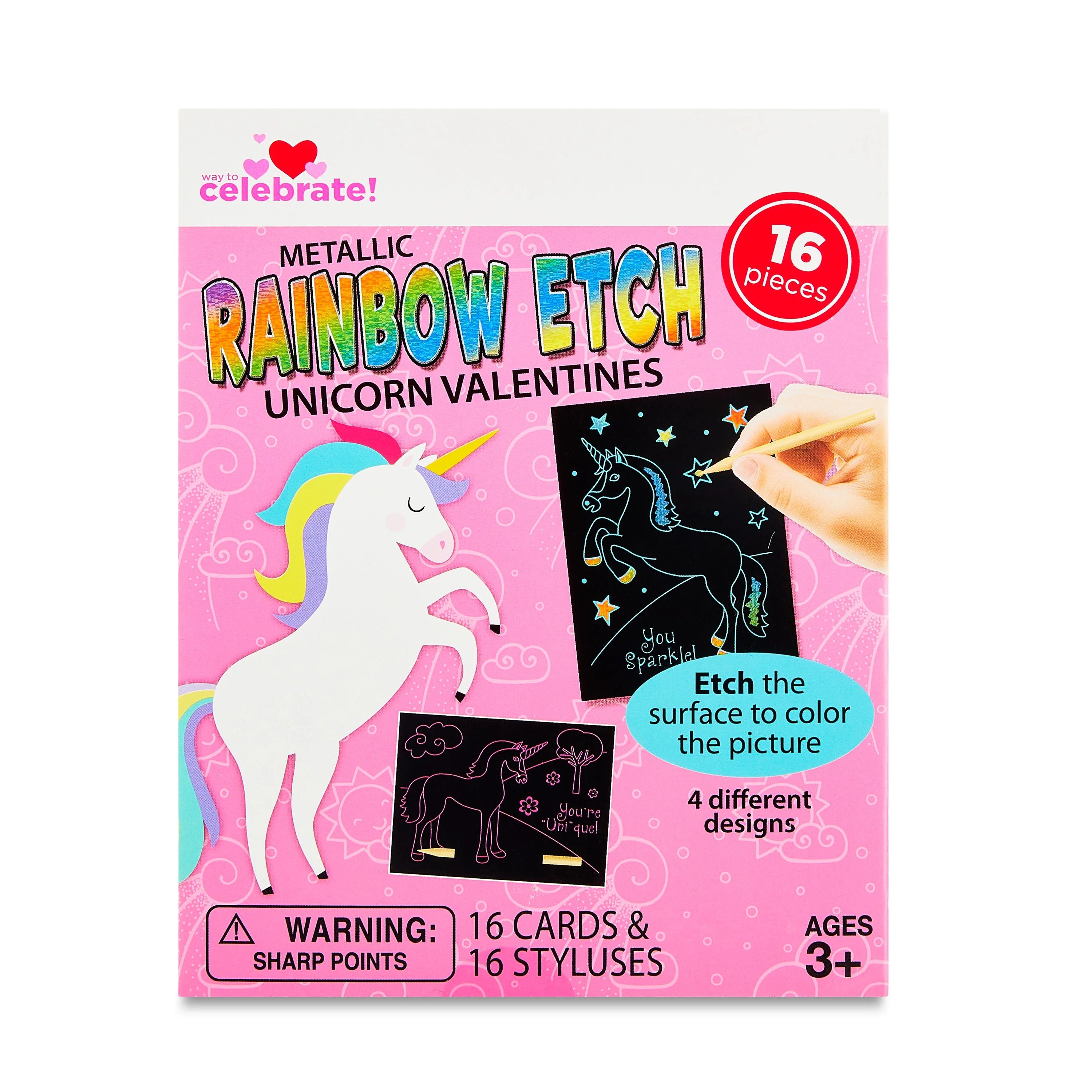 Valentine's Day Rainbow Etch Metallic Unicorn Kiddie Greeting Card Set 16 Count, by Way To Celebr... | Walmart (US)