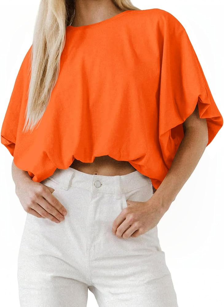 Womens Summer Crewneck Crop Tops Short Sleeve Casual Loose Cropped T Shirts | Amazon (US)