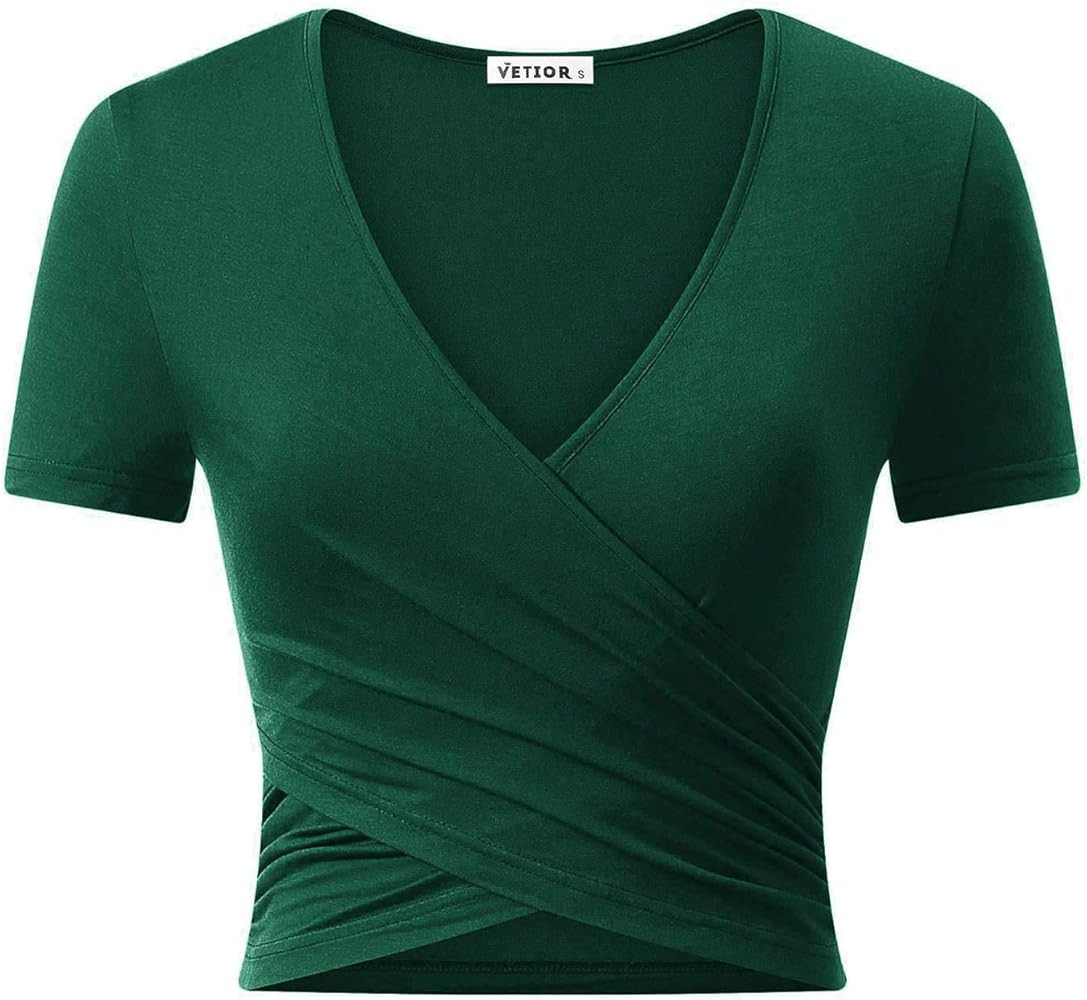 VETIOR Women's Sexy Deep V Neck Short Sleeve Unique Slim Fit Cross Wrap Shirts Crop Tops Going Ou... | Amazon (US)