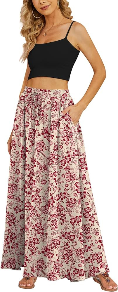 Yincro Women's Flowy Maxi Skirt Summer Pleated High Waisted Casual Long Skirts with Pockets | Amazon (US)