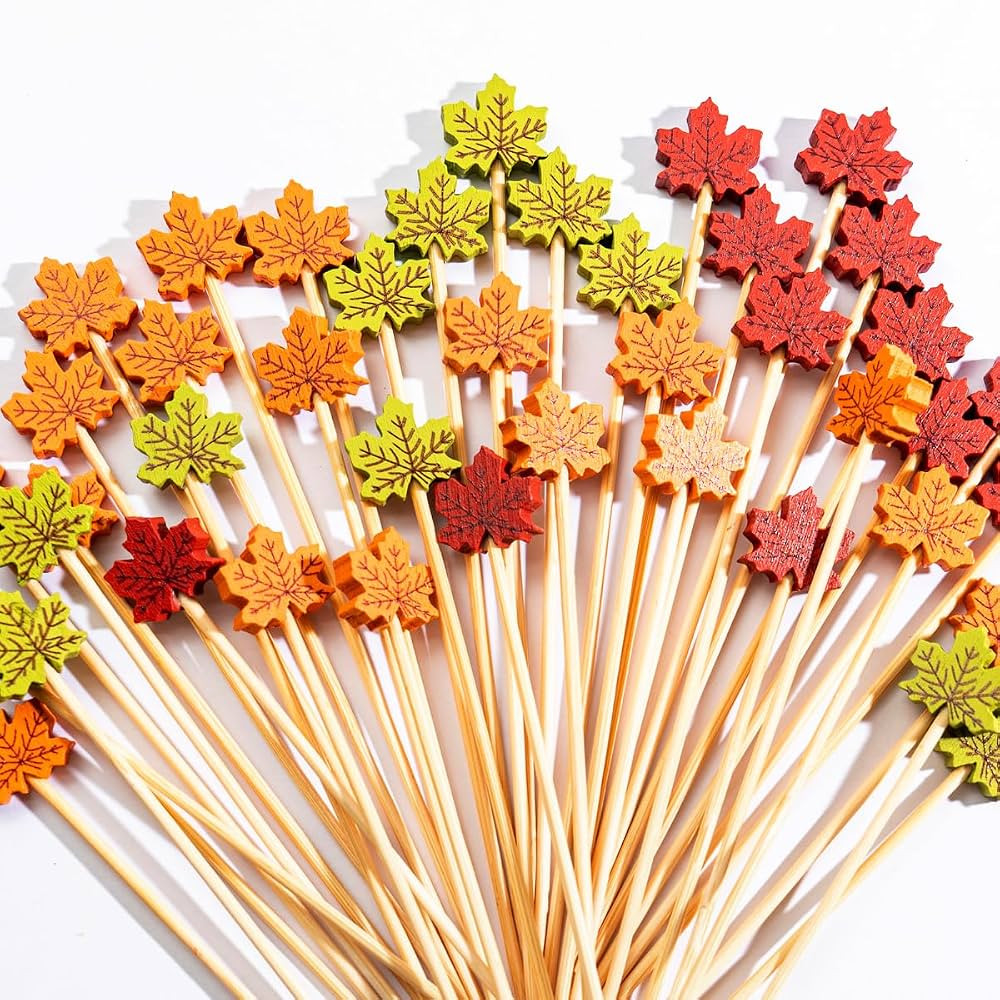 100Pcs Fall Cocktail Picks 4.7inch Maple Leaf Handmade Bamboo Toothpicks Garnish Sticks for Autum... | Amazon (US)