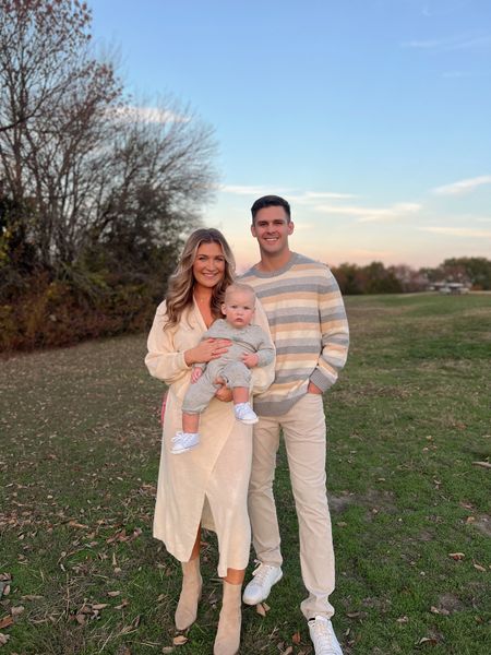 Neutral family photos for the holidays ❤️ I’m in a M/L in my wrap dress!  Ezra’s one piece is adorable and on major sale! Same with Josh’s  sweater  

#LTKstyletip #LTKfamily #LTKCyberWeek