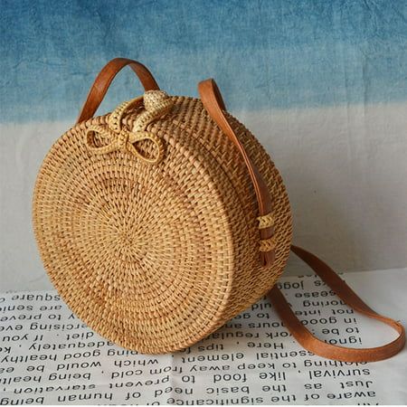 Handwoven Women's Fashion Round Rattan Shoulder Leather Straps Natural Messenger Bag Chic Handbag | Walmart (US)