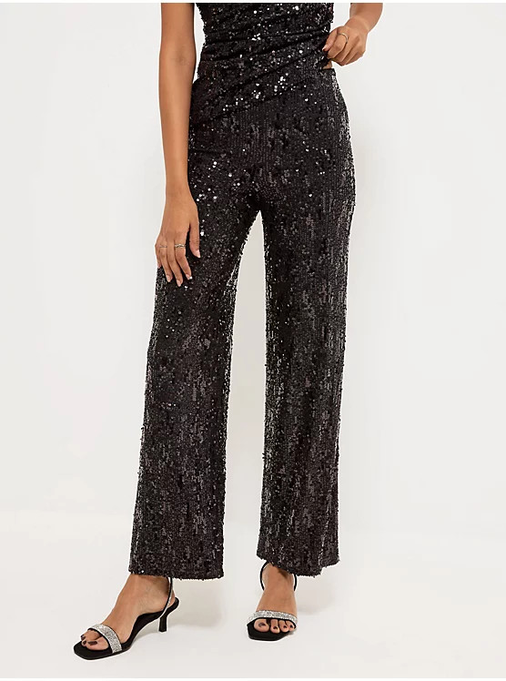 Black Sequin Embellished Wide Leg Trousers | George at ASDA