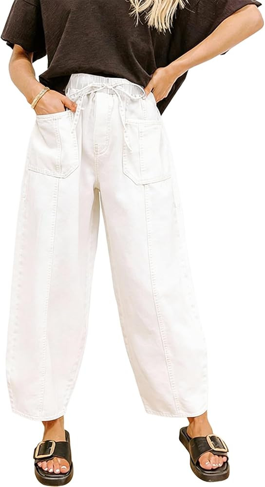 Sidefeel Womens Baggy Wide Leg Jeans Elastic Waist Drawstring Front Seam Ankle High Waisted Barre... | Amazon (US)