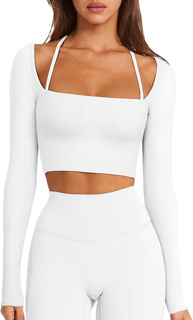LASLULU Womens Sexy Square Neck Crop Top Ribbed Seamless Long Sleeve Workout Tops Halter Neck Yog... | Amazon (US)