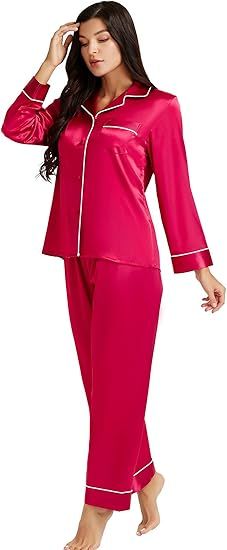 LONXU Silk Satin Womens Pajama Sets Button Down Sleepwear Loungewear XS~3XL | Amazon (US)