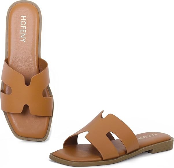 Womens Slip On Flat Sandals Soft Leather Open Toe Slide for Summer Dressy | Amazon (US)