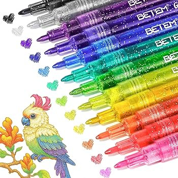 Betem Glitter Markers Pen, 12 Colors Sparkly and Shiny Metallic Markers Fine Tip Water-based Ink ... | Amazon (US)