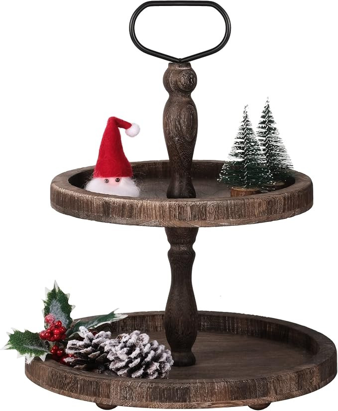 Mustry Rustic Wooden 2 Tiered Tray, Round Farmhouse Kitchen Table Decor Serving Tier Tray, Food F... | Amazon (US)